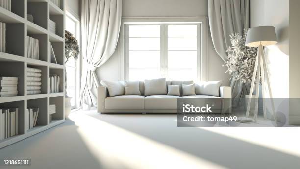 Living Room With Seat And Bookshelf 3d Rendering Stock Photo - Download Image Now - Library, Elegance, Window