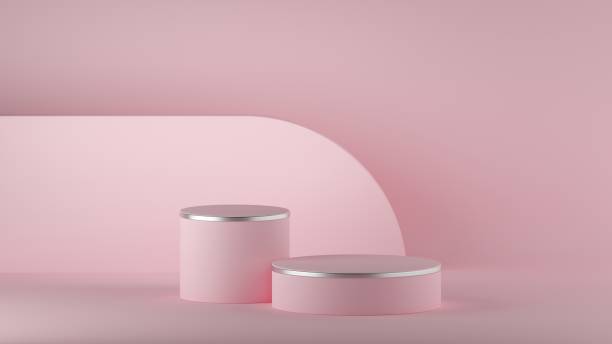 istock 3d render, abstract pink minimal background, clean style. Empty cylinder podium, vacant pedestal, round stage, showcase stand, product display, blank board, expo platform. Copy space. Premium design 1218652561