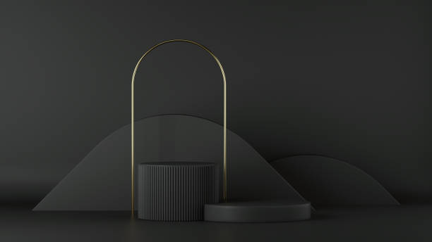 istock 3d render, minimalist black background. Abstract elements. Empty cylinder podium, vacant pedestal, round stage, showcase stand, product display platform, golden arch. Copy space. Modern premium design 1218652574