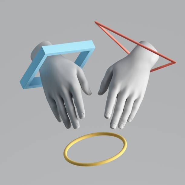 istock 3d render white abstract artificial hands with levitating colorful geometric shapes. Human mannequin body part isolated on plain background. Contemporary art. Modern minimal fashion concept 1218652650