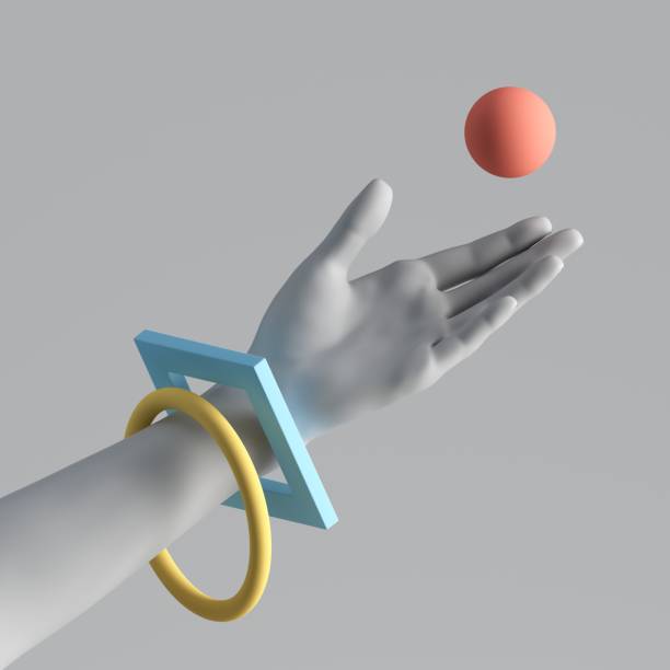 istock 3d render white artificial hand with colorful geometric bracelets. Juggler throwing a red ball. Human mannequin body part isolated on plain background. Modern minimal fashion concept. 1218652668