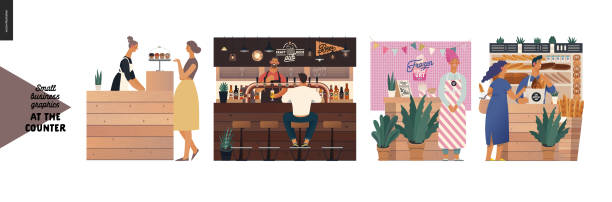 Counters - small business graphics Counters -small business graphics. Modern flat vector concept illustrations -set of counters - cake shop, craft beer pub, frozen yoghurt, bakery. Owners wearing apron at the counter cafe bar counter stock illustrations