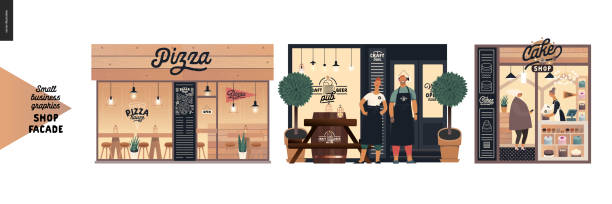 Facades - small business graphics Facades -small business graphics. Modern flat vector concept illustrations -pizza house front, craft beer pub, cake shop. Owners wearing aprons in front of the entrance, interior seen from the outside cafe bar counter stock illustrations