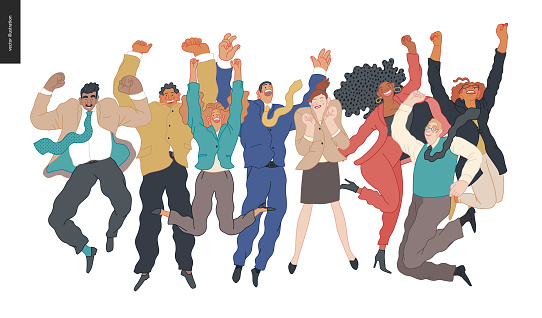 Happy business employees - group of men and women jumping in the air cheerfully. Modern flat vector concept illustration of a happy jumping office workers. Feeling and emotion concept.