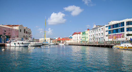 Image of Bridgetown waterfront as shot from a boat on a sunny day in Barbados