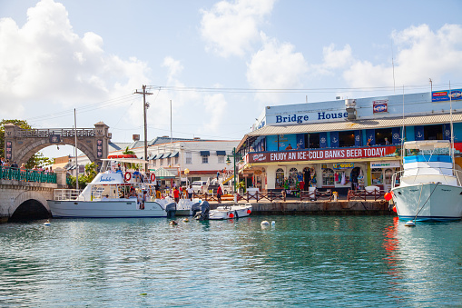 Image of Bridgetown waterfront as shot from a boat on a sunny day in Barbados
