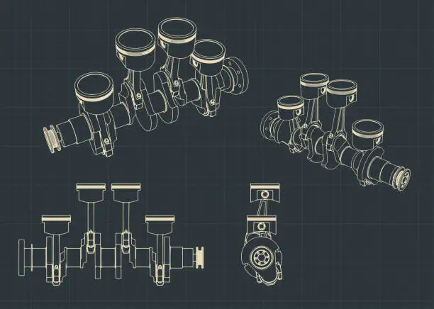 Vector illustration of Piston group with crankshaft blueprints