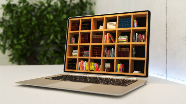 portátil con biblioteca en línea realista renderizado 3d - biblioteca fotografías e imágenes de stock