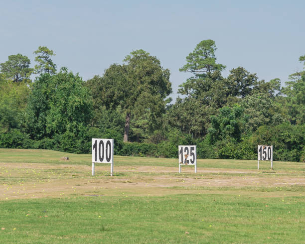 Golf driving range markers and golf balls on a grass field.