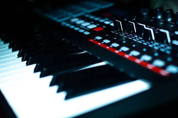 Sound recording digital keyboard midi controller in Studio synthesizer
