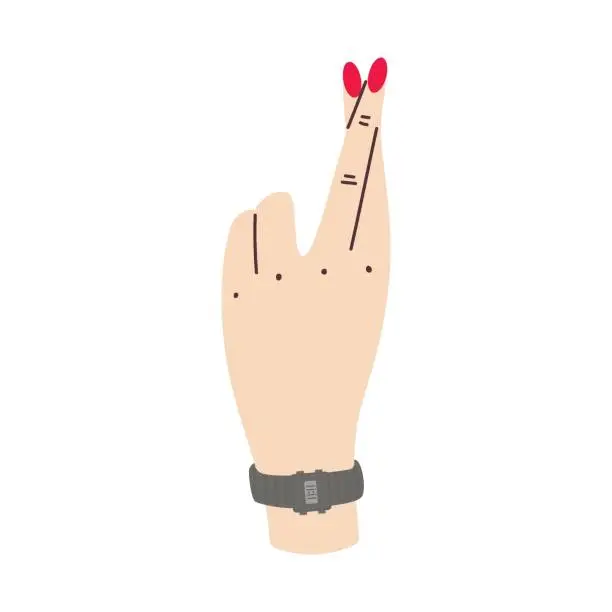 Vector illustration of Fingers crossed. Cross fingers. Hand with red manicure and watch. Hand gesture. Vector illustration.
