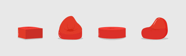 Set red beanbags Set of red poufs, icon soft furniture, comfortable fluffy chair. Red pillow in a round shape, a bag stuffed with fabric on the floor, home interior. Vector illustration, EPS 10. red cushion covers stock illustrations