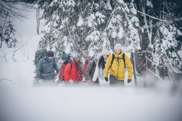 istock Friends hike through snowy forest 1218664114