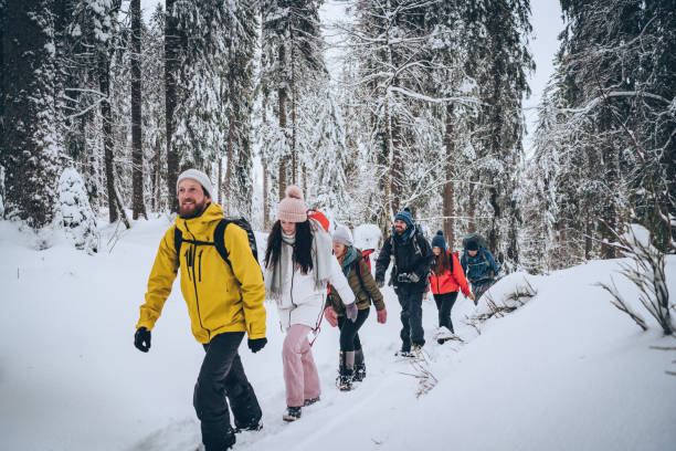 istock Friends hike through snowy forest 1218664135