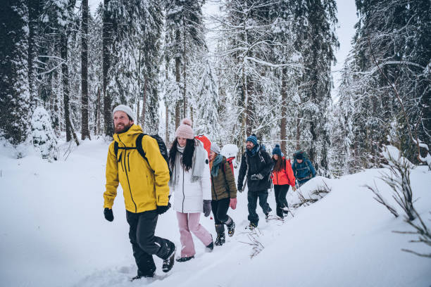 istock Friends hike through snowy forest 1218664151