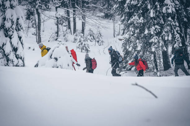 istock Friends hike through snowy forest 1218664152
