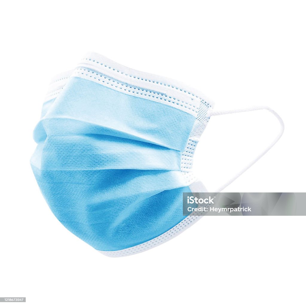 Blue colour high density 3 ply non woven disposable surgical face mask with elastic ear loops isolated on white background. Eliminates bacteria & pollen. Studio photography for mock up & commercial. Protective Face Mask Stock Photo