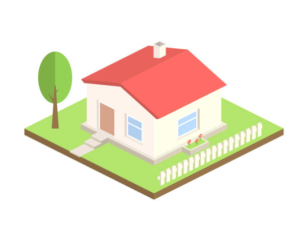 istock Isometric house on white background. 3d cottage with tree and fence. Real estate or home concept. Beautiful country house with red roof. Apartment for rent. Vector illustration 1218675229