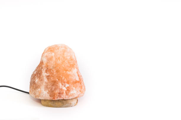 A pink Himalayan salt lamp photographed on a white background with plenty of copy space. Extra wide.