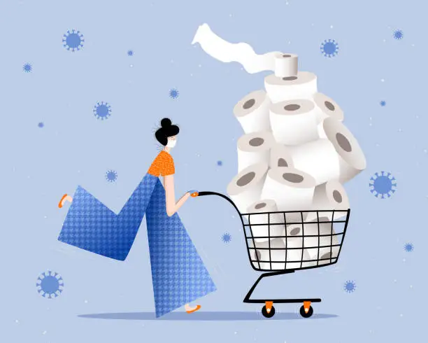 Vector illustration of Woman wearing face mask and surgical gloves panic buying full shopping cart of toilet paper during the coronavirus crisis. Covid-19 pandemic concept flat vector illustration.