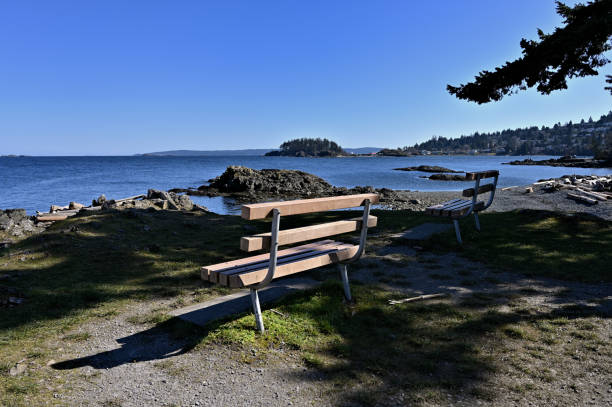 istock Sideview of Park Bench with Ocean View 1218679404