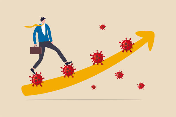 Leadership to solve problem in Coronavirus COVID-19 crisis, walk pass and survive in economic crisis in COVID-19 outbreak, confidence business man leader walk up Coronavirus stair with graph arrow. Leadership to solve problem in Coronavirus COVID-19 crisis, walk pass and survive in economic crisis in COVID-19 outbreak, confidence business man leader walk up Coronavirus stair with graph arrow. covid 19 positive stock illustrations