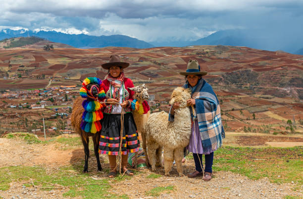 Two Quechua indigenous women in traditional clothing with two llamas and one alpaca in the Sacred Valley of the Inca, Cusco, Peru.