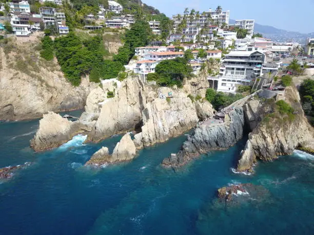 Panoramic view of "La Quebrada" in Acapulco taken with a drone