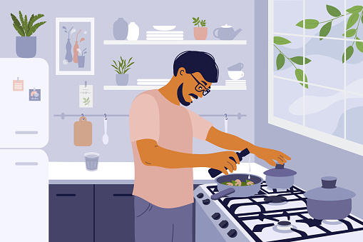 Stay home and cook healthy food yourself. Smiling man cooking homemade meals in small cozy kitchen. Father preparing dinner on big stove. Coronavirus quarantine lockdown. Lifestyle vector illustration