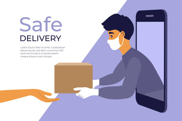 Safe delivery service concept Safe delivery service concept. Stay home, order food or goods online by smart phone. Man in protective face mask and gloves gives box to customer. Coronavirus quarantine isolation. Vector illustration delivering illustrations stock illustrations