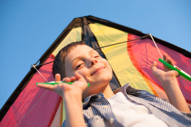 delightful small boy with colorful kite behind shoulders on blue sky backdrop