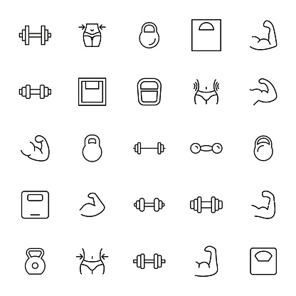 Modern thin line icons set of bodybuilding. Premium quality symbols. Simple pictograms for web sites and mobile app. Vector line icons isolated on a white background.