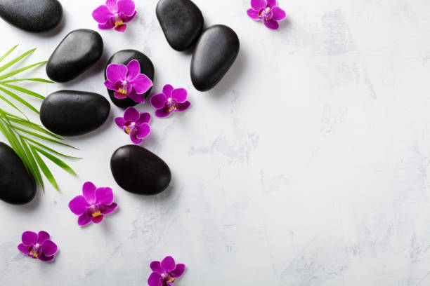 istock Spa composition with flowers, green leaves and massage stone on white background top view. Beauty treatment and relaxation concept. Flat lay. 1218693099