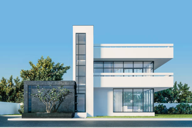 istock Modern house with white stucco with a balcony and a high staircase, in daylight against a background of green trees and a white fence with Windows to the street. 3D stock illustration. 1218693869