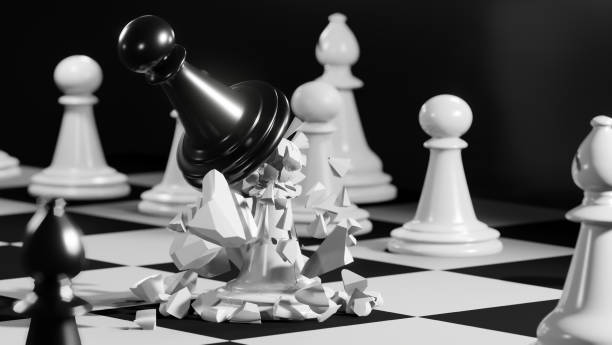 istock Black and white chess battle, Chess victory king game, Checkmate strategy competition and battle of chess game concept, 3d render. 1218696169