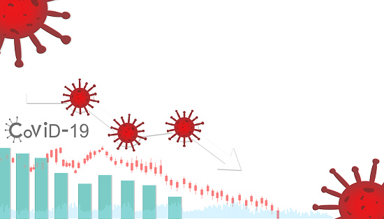 Stock market down on coronavirus fears, Economy down with coronavirus 2019-nCov, Pandemic virus, Stock market crisis red price arrow down chart fall. 3D illustration.