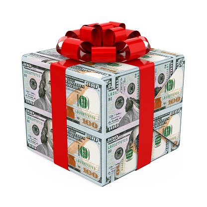 US Dollar Money Gift Box with Red Ribbon isolated on white background. 3D render