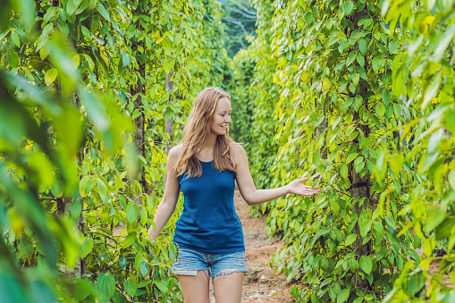 Young woman on a black pepper farm in Vietnam, Phu Quoc.