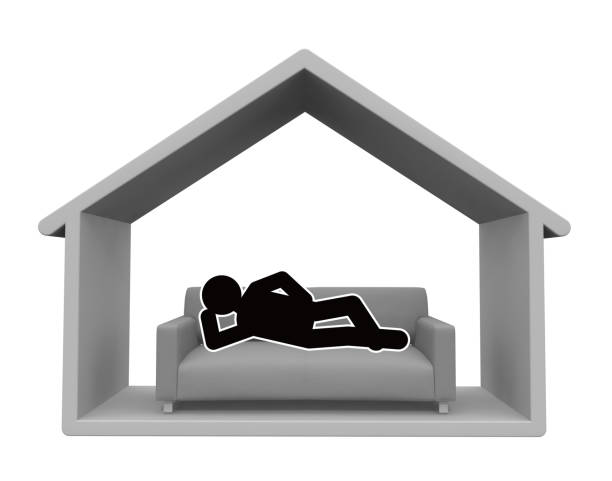 Lie on the sofa. Spend all day in the room. Spend at home. Sleep on the couch. Boring person. Stand by at home.
