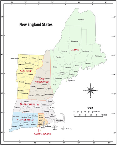 administrative vector map of the five New England states, United States