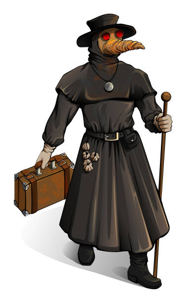 istock Medieval doctor in protective suit walks with suitcase. Outbreak cholera vintage medicine steampunk style 1218704252