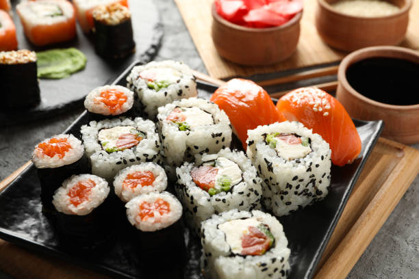 istock Composition with delicious sushi rolls. Japanese food 1218705364