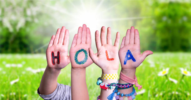 Kids Hands Holding Word Hola Means Hello, Grass Meadow