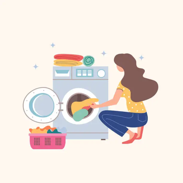 Vector illustration of House cleaning. The girl puts dirty Laundry in the washing machine. Vector illustration.