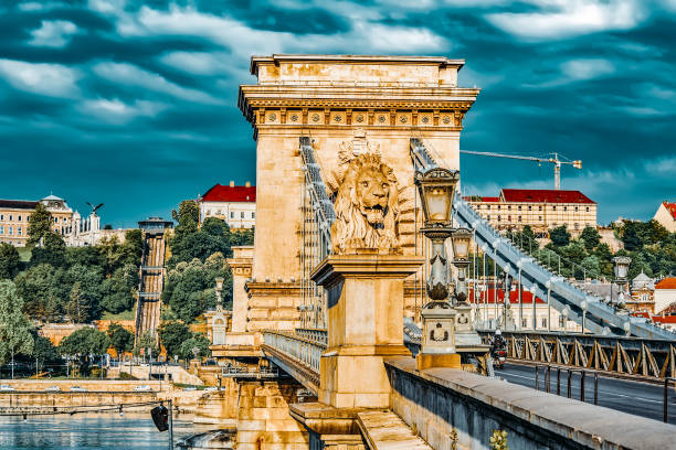 Szechenyi Chain Bridge at morning time. Budapest, Hungary.