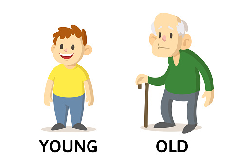 Words young and old textcard with cartoon characters. Opposite adjectives explanation card. Flat vector illustration, isolated on white background.