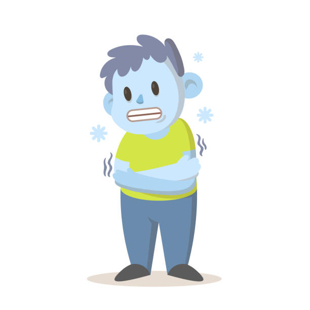 Shivering boy feeling cold, freezing temperature, cold weather. Cartoon character design. Flat vector illustration, isolated on white background. Shivering boy feeling cold, freezing temperature, cold weather. Cartoon character design. Colorful flat vector illustration, isolated on white background. shivering stock illustrations
