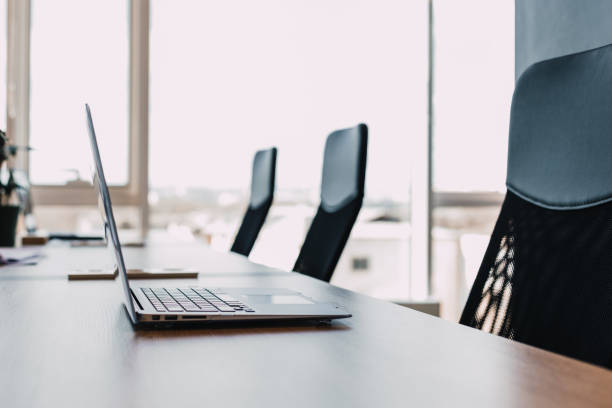 istock modern laptop on the desktop with office supplies. new workplace concept 1218707972