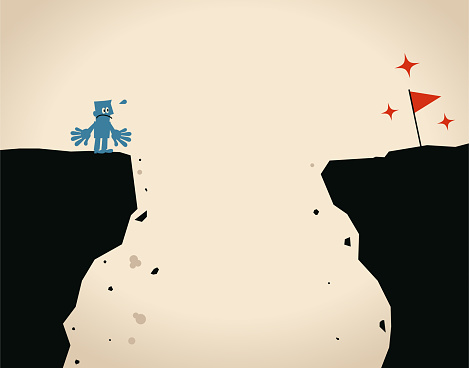 Blue Little Guy Characters Vector Art Illustration.
Businessman standing on the edge of the cliff and looking the red flag in opposite side is thinking about how to cross over the cliff