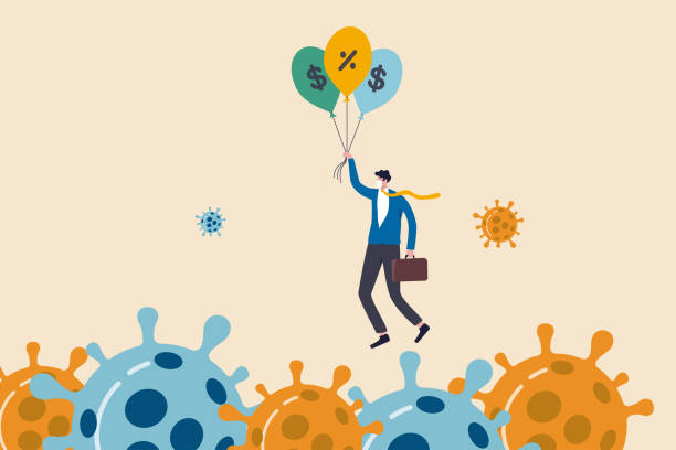 ilustrações de stock, clip art, desenhos animados e ícones de coronavirus crisis, covid-19 pandemic impact all business and company with help of banking and government to reduce interest rate and stimulus package, businessman holding balloons fly pass virus. - finance usa despair government